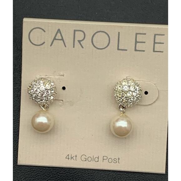 NWT CAROLEE SILVER TONE CZ & GLASS PEARL DROP EARRINGS 4kt Gold Posts - Picture 1 of 4